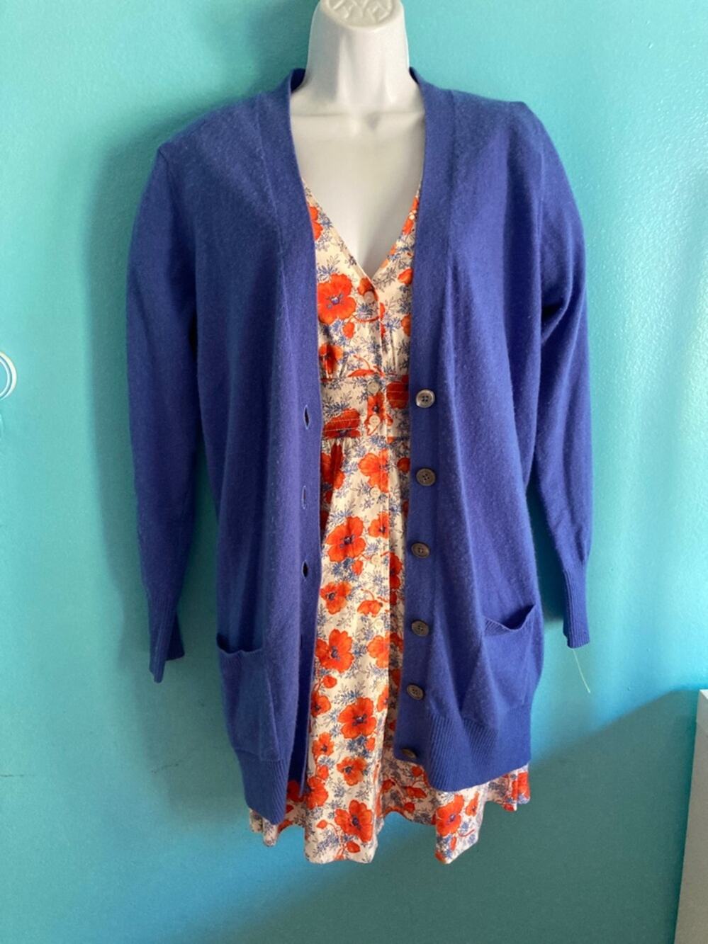 Pure Collection Luxury Cashmere Boyfriend Cardigan Blue V-Neck US Size 12 - L